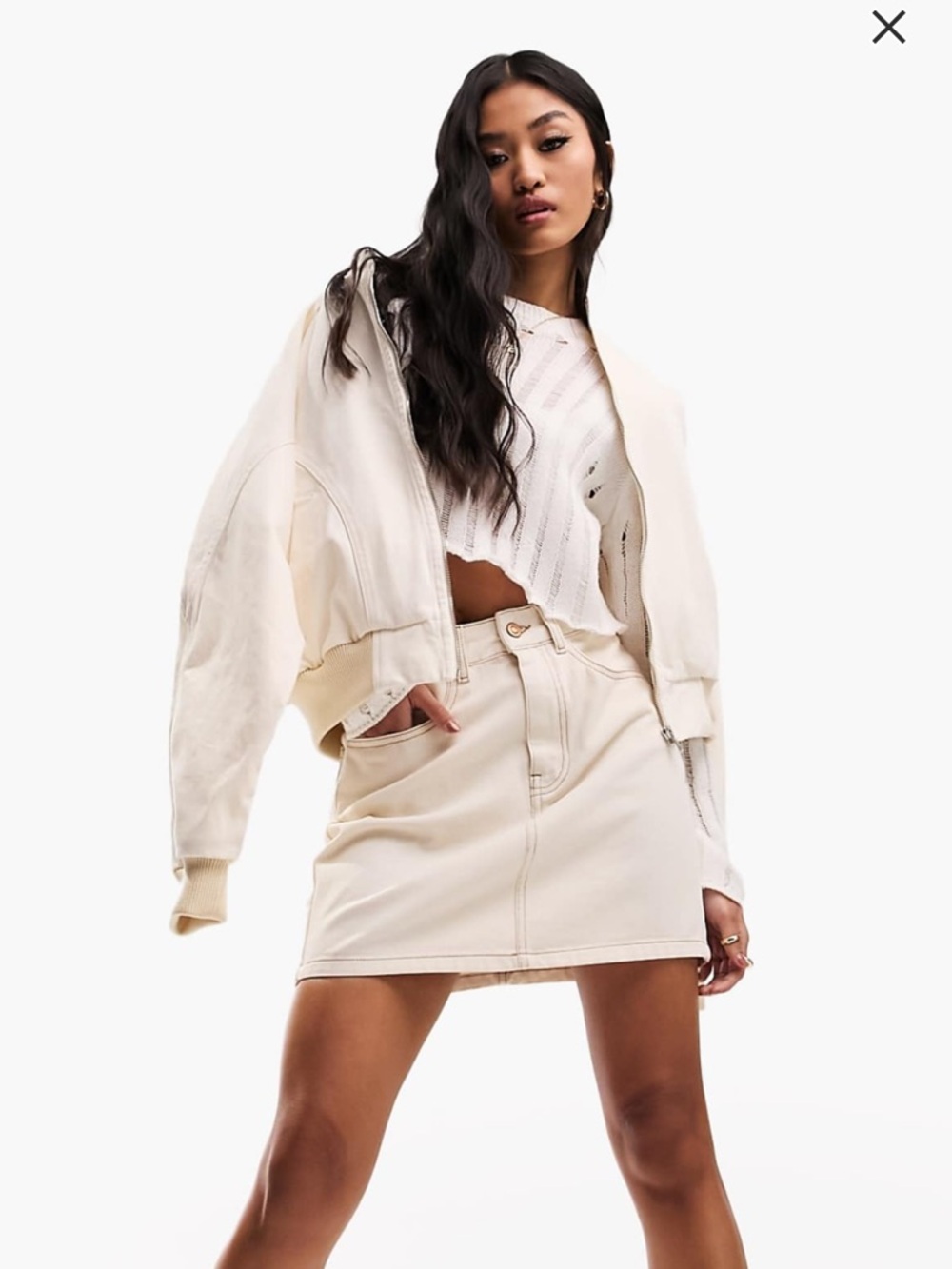 ASOS Cream High-Waist Denim Mini Skirt with Contrast Stitching NWT